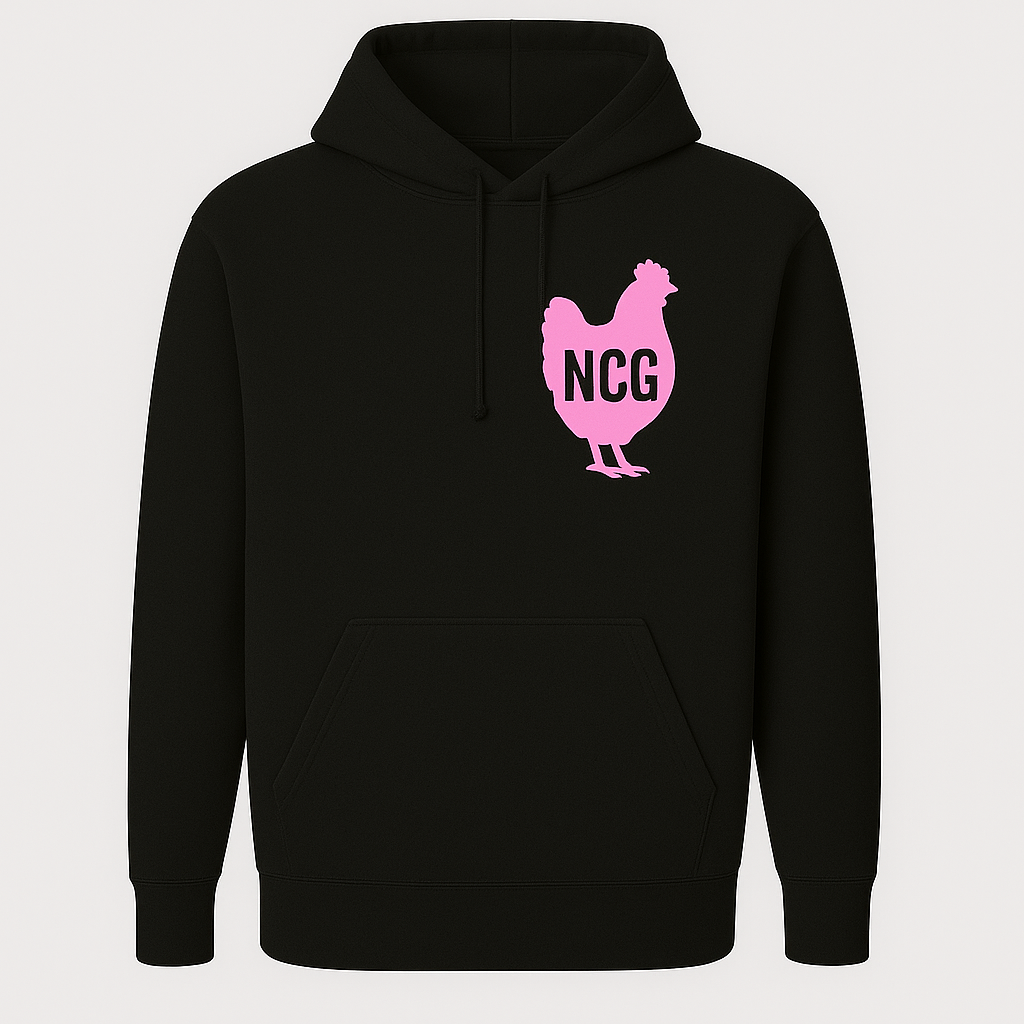 No Clucks Given: Hoodie- Hot Pink Logo (Back Print)