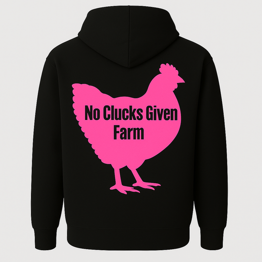No Clucks Given: Hoodie- Hot Pink Logo (Back Print)