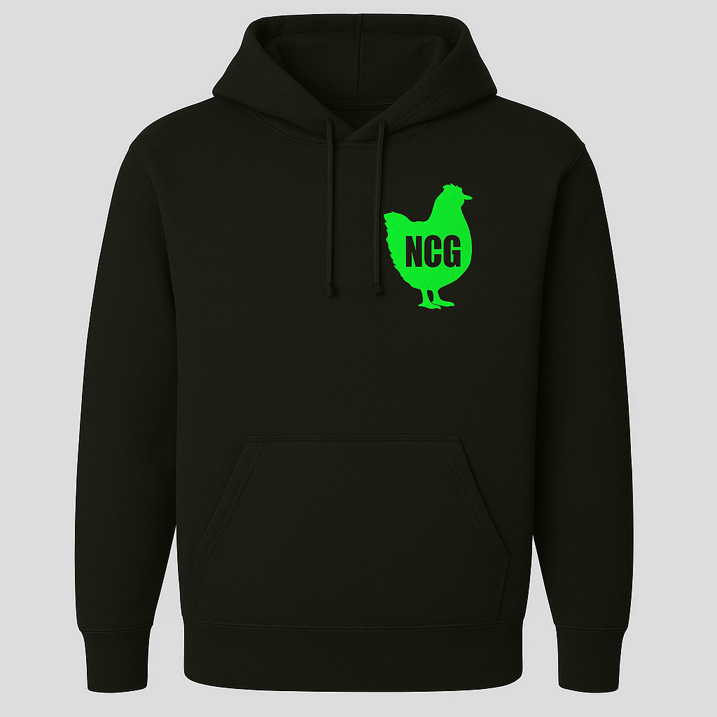 No Clucks Given: Hoodie- Neon Green Logo (Back Print)